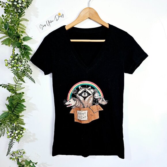 Adopt A Cat Raccoon Opossum Rainbow Graphic Womens Black V-Neck T-Shirt~SS121.3 - Picture 1 of 3
